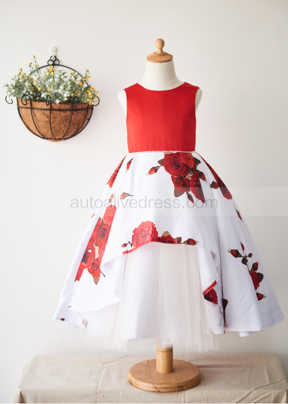 Red Printed Satin Pearl Embellished Knee Length Flower Girl Dress